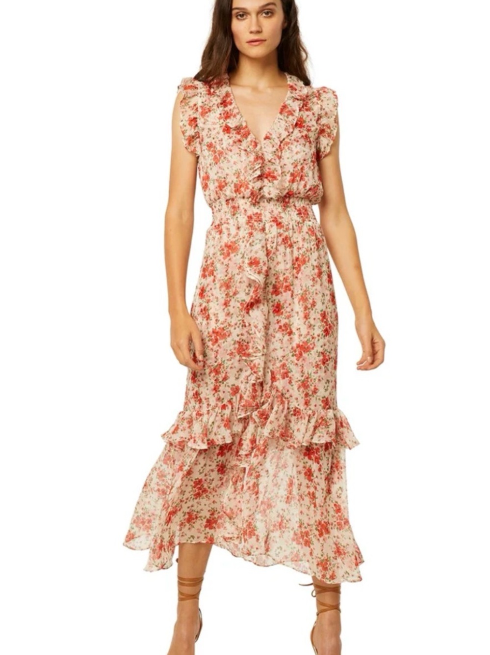 💕 MISA Los Angeles - Kadida Dress - Floral Ruffle Midi Dress in Cream & Pink XS